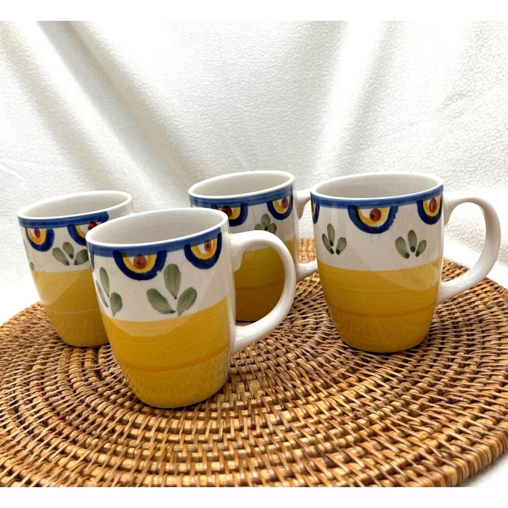 Set of 4 TALAVERA by Philippe Richard Coffee Mug Cup Yellow Blue Floral Vintage